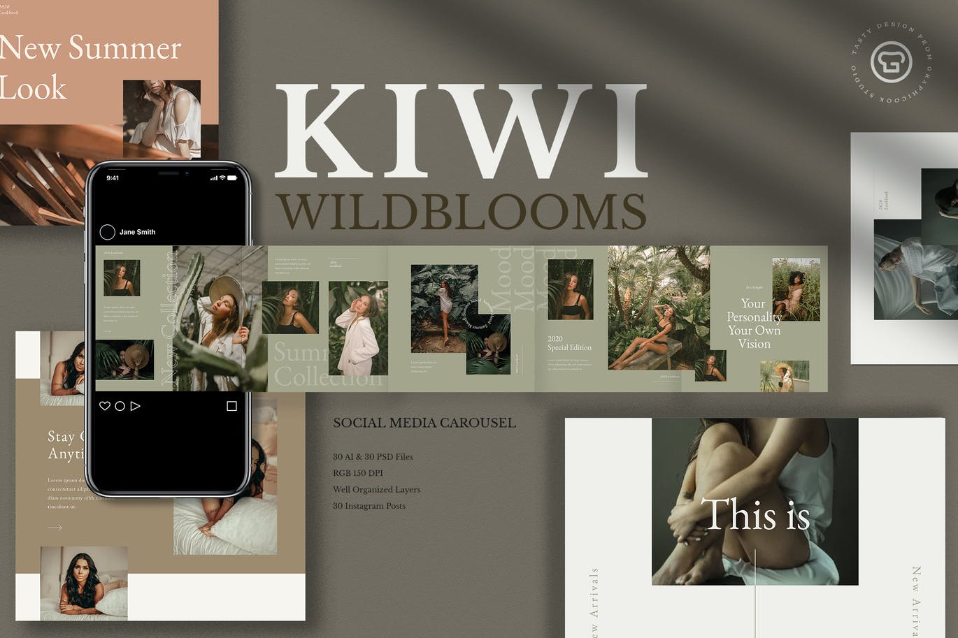 时尚清新品牌推广新媒体电商海报模板 Kiwi Wildblooms Insta Carousel_img_2