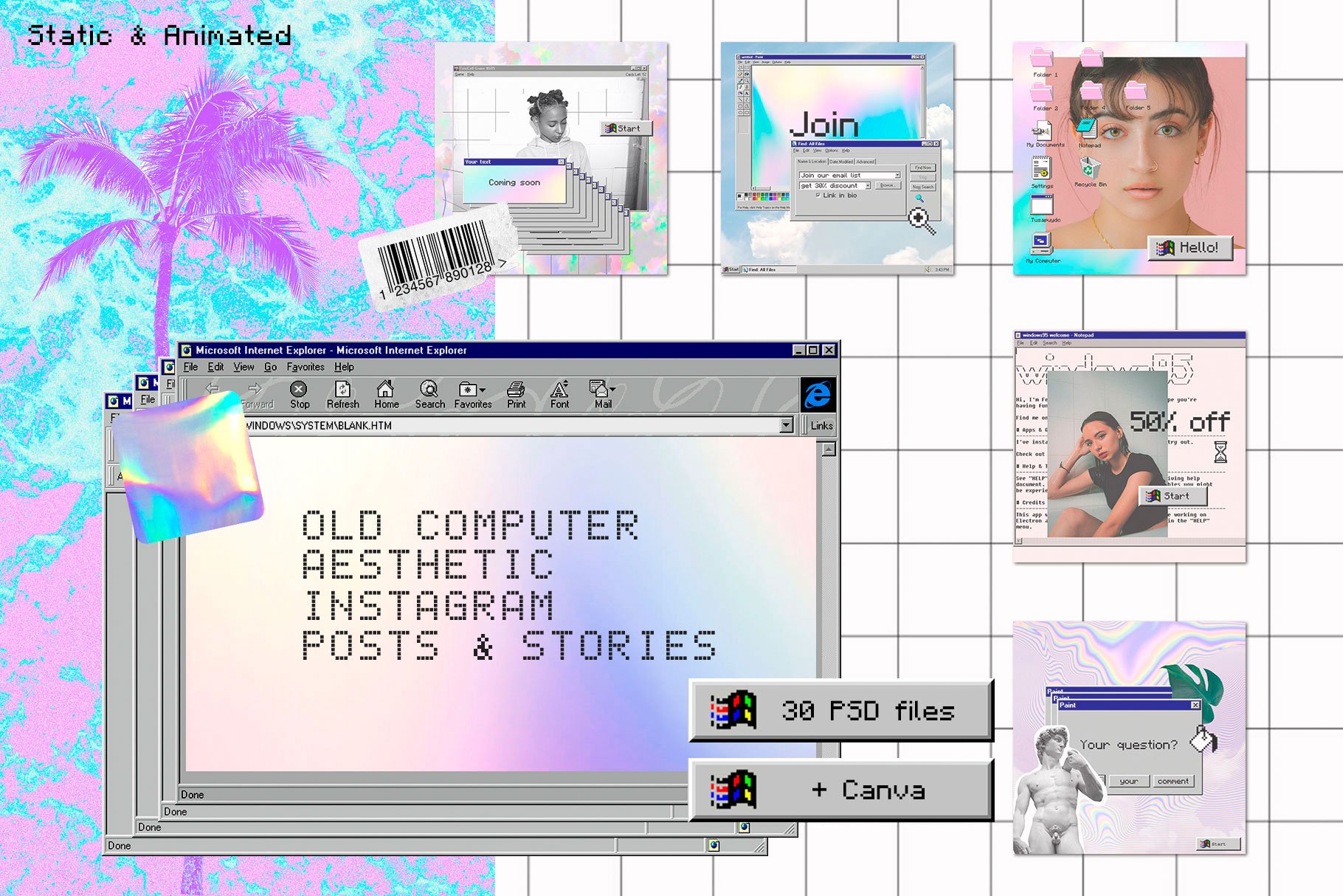 潮流复古Win95蒸汽波新媒体电商海报设计PS素材套装 Old Computer Insta Template Ps Canva_img_2
