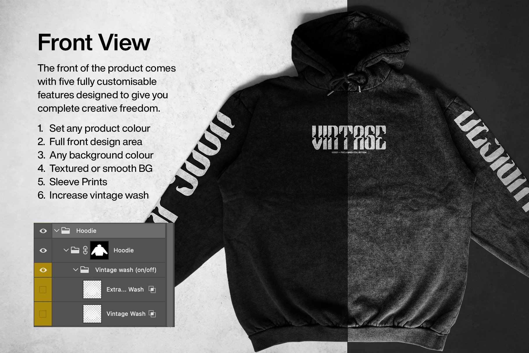 复古棉料连衣帽卫衣印花图案设计PS贴图样机模板 Vintage Reclaimed Hoodie Mockup_img_2