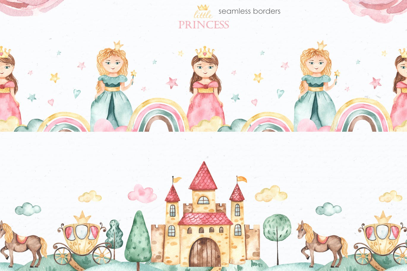 卡通女孩马车城堡彩虹手绘水彩画图片设计素材 Little Princess Watercolor_img_2