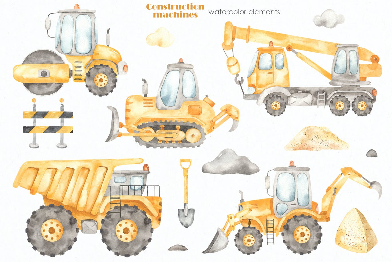 卡通建筑施工机械车辆手绘剪贴画图片设计素材 Construction machines Watercolor_img_2