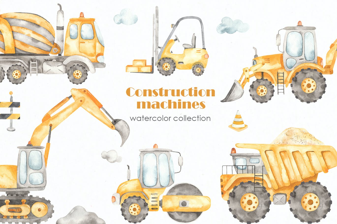 卡通建筑施工机械车辆手绘剪贴画图片设计素材 Construction machines Watercolor_img_2