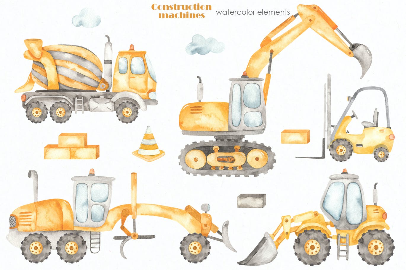 卡通建筑施工机械车辆手绘剪贴画图片设计素材 Construction machines Watercolor_img_2