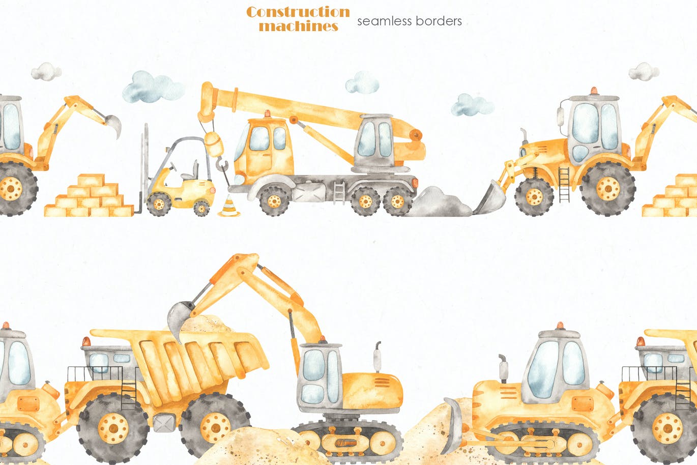 卡通建筑施工机械车辆手绘剪贴画图片设计素材 Construction machines Watercolor_img_2