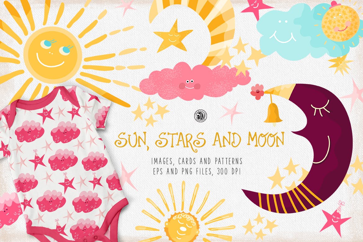 卡通太阳月亮星星印花图案设计矢量素材 Sun Stars and Moon_img_2