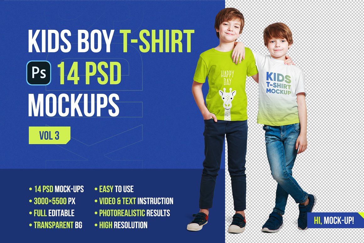 14款儿童半袖T恤印花图案设计展示样机模板 Kids Boy T-Shirt Mockups Vol3_img_2