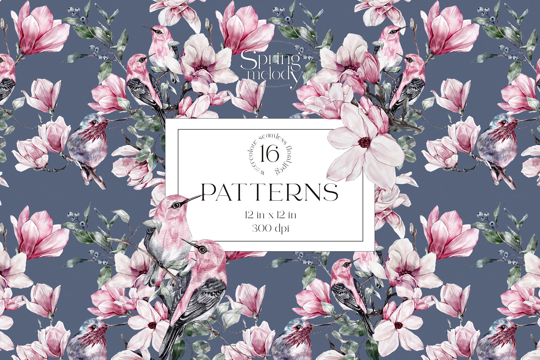 16款春天叶子花卉小鸟手绘水彩画图片设计素材 Spring Watercolor Seamless Patterns_img_2