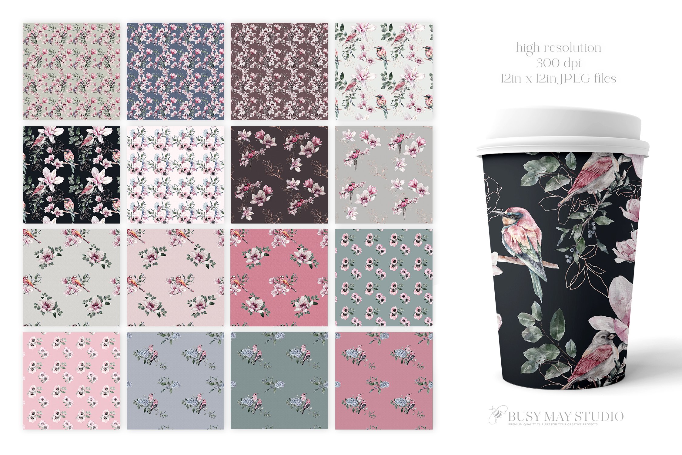 16款春天叶子花卉小鸟手绘水彩画图片设计素材 Spring Watercolor Seamless Patterns_img_2