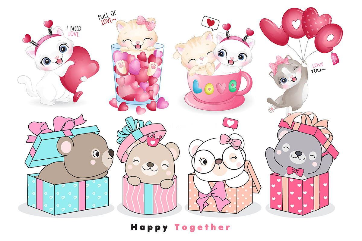 情人节主题卡通动物心形矢量设计素材 Cute Funny Doodle Animals For Valentine