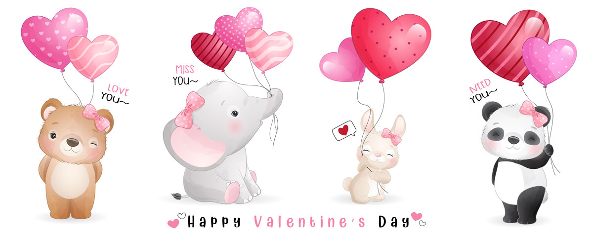 情人节主题卡通动物心形矢量设计素材 Cute Funny Doodle Animals For Valentine