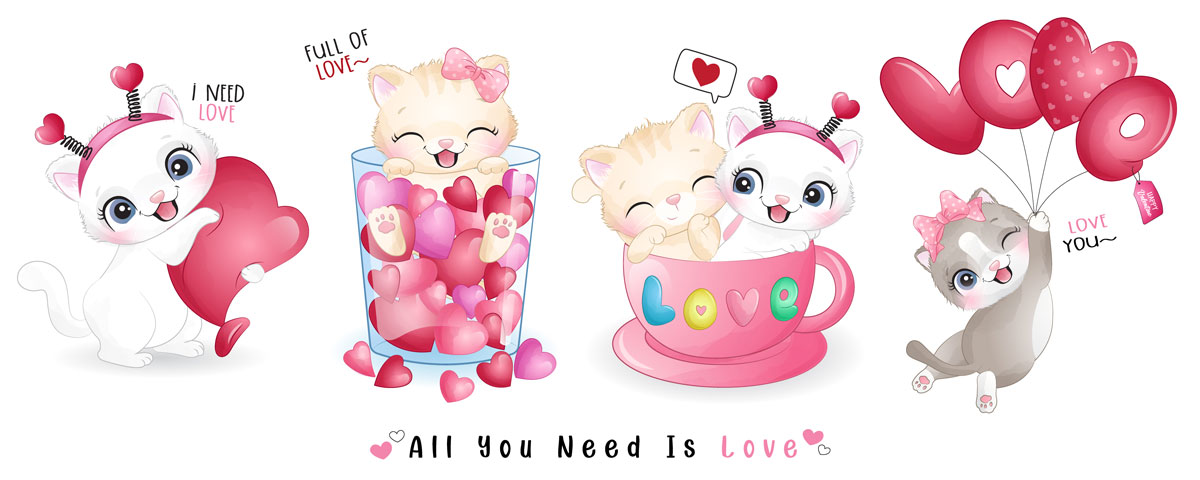 情人节主题卡通动物心形矢量设计素材 Cute Funny Doodle Animals For Valentine