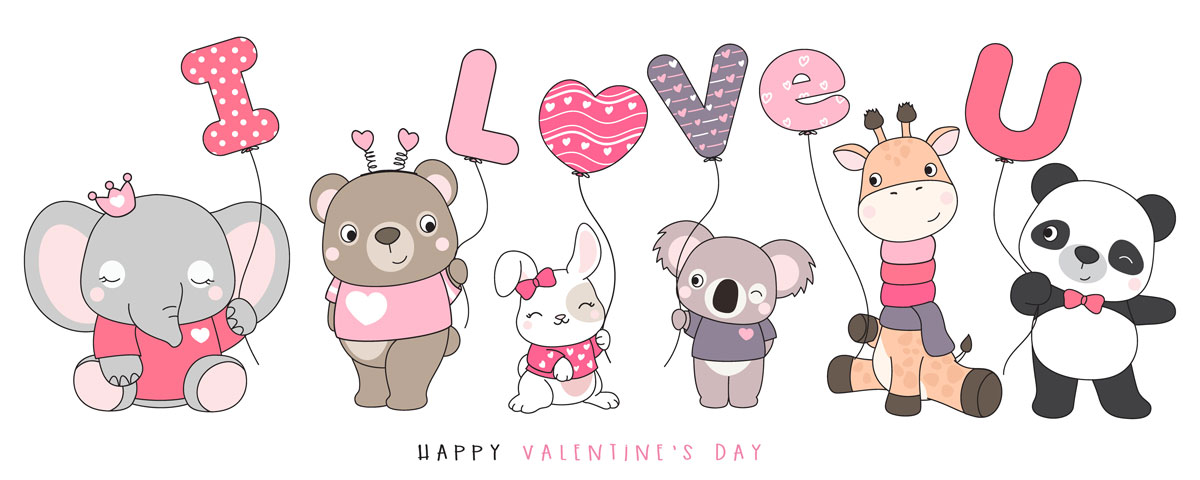 情人节主题卡通动物心形矢量设计素材 Cute Funny Doodle Animals For Valentine