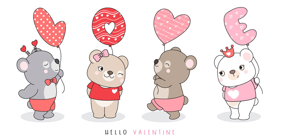 情人节主题卡通动物心形矢量设计素材 Cute Funny Doodle Animals For Valentine