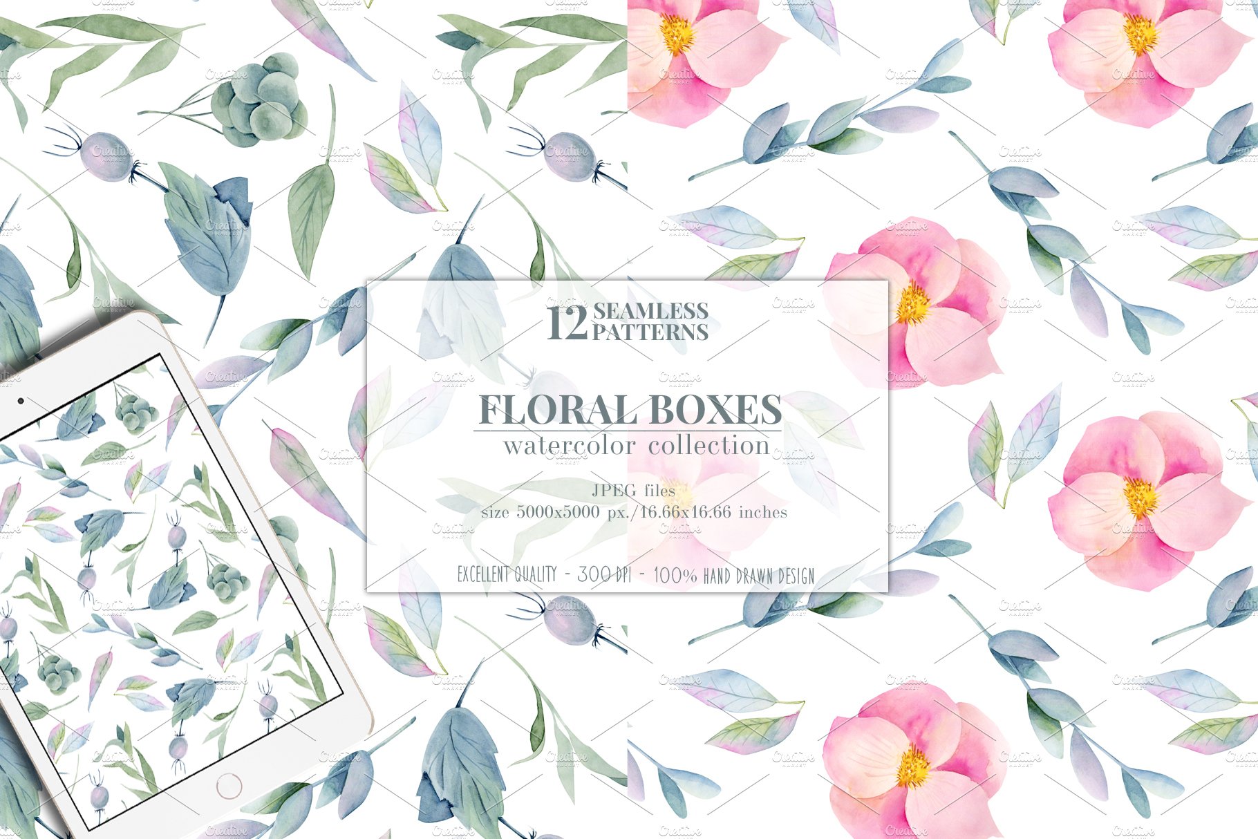 12款无缝隙花卉手绘水彩画图片设计素材合集 Floral Boxes. Seamless Patterns Set_img_2