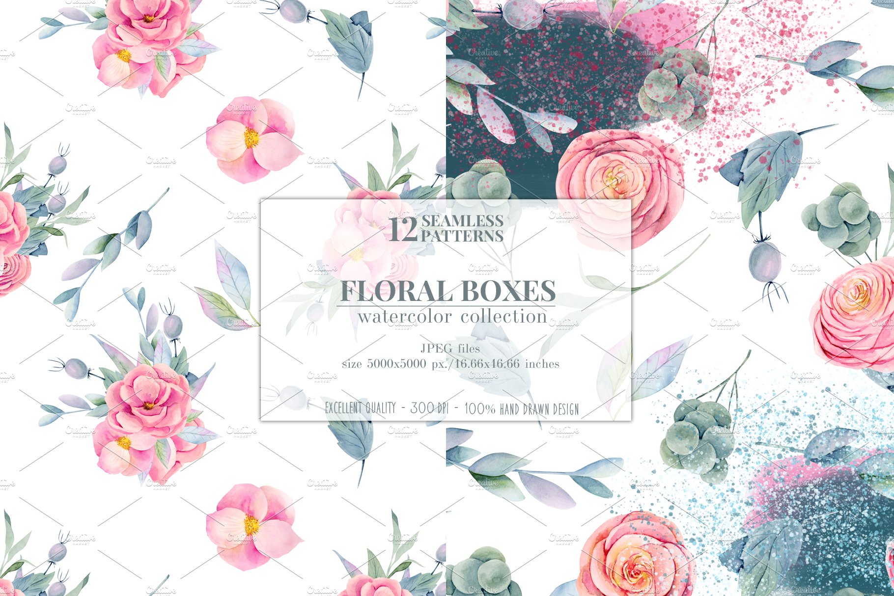 12款无缝隙花卉手绘水彩画图片设计素材合集 Floral Boxes. Seamless Patterns Set_img_2