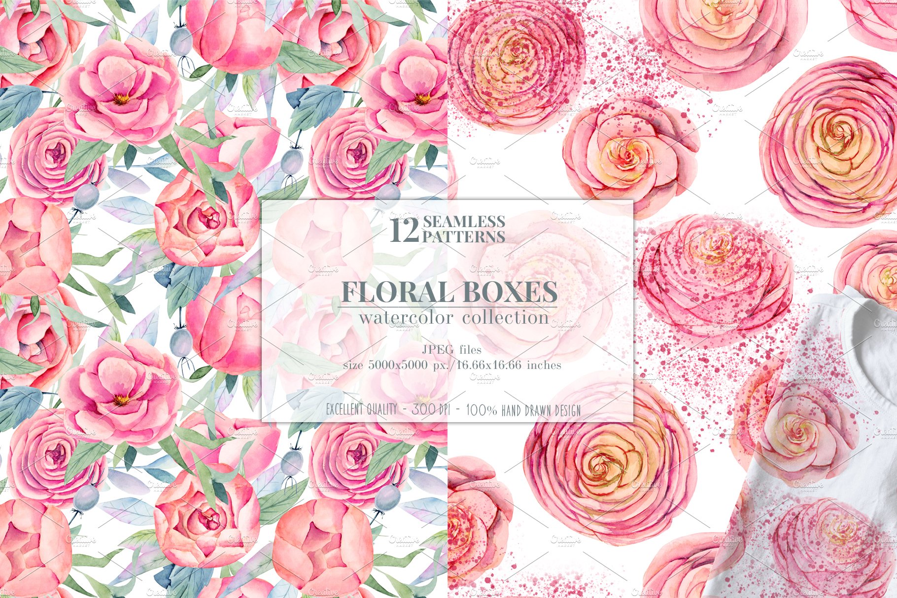 12款无缝隙花卉手绘水彩画图片设计素材合集 Floral Boxes. Seamless Patterns Set_img_2