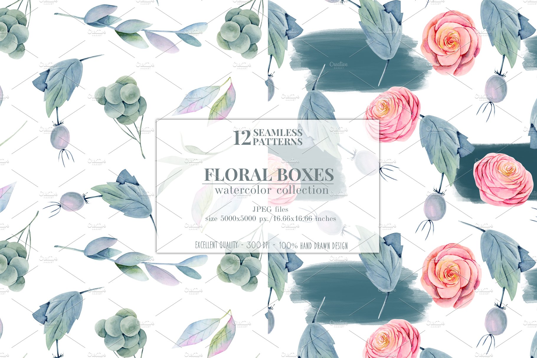 12款无缝隙花卉手绘水彩画图片设计素材合集 Floral Boxes. Seamless Patterns Set_img_2