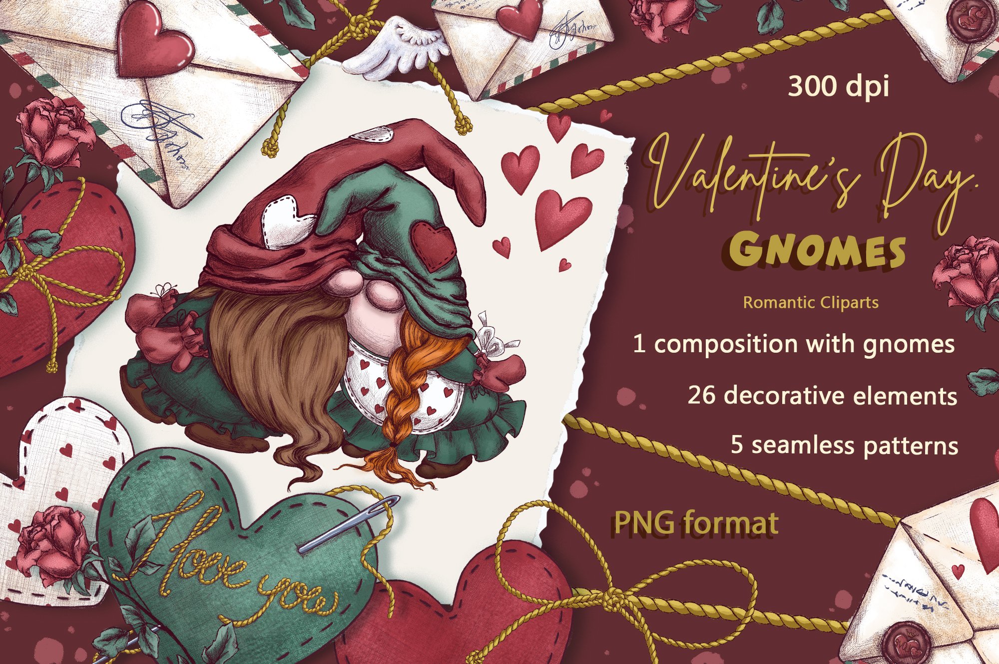 复古老式情人节主题手绘插画PNG免扣图片设计素材 Valentines Day. Gnomes. Holiday Clipart_img_2