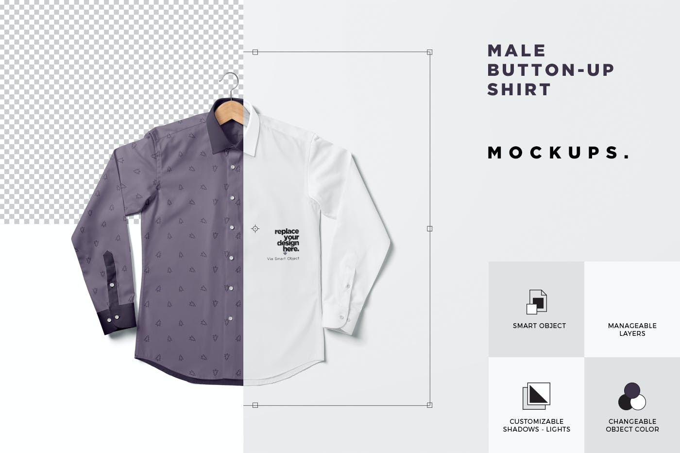 男士纽扣衬衫印花设计PS贴图样机模板 Button Up Shirt For Men Mockups_img_2