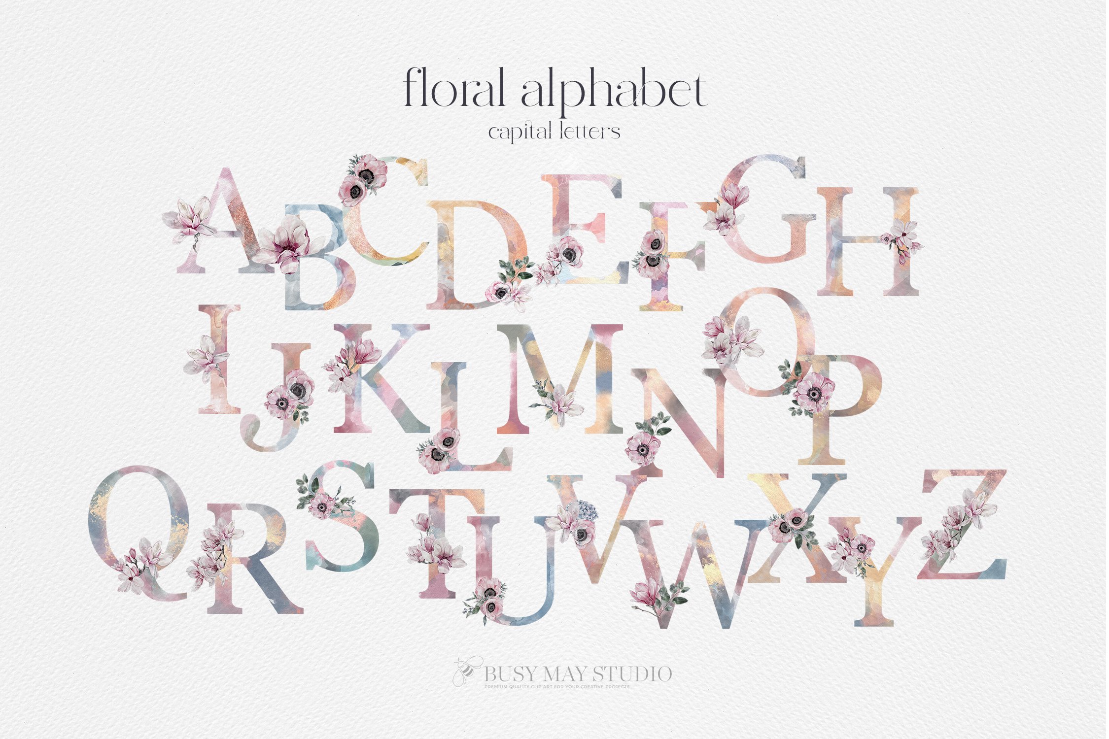 68款清新花卉字母手绘水彩画PNG图片设计素材 Watercolor Floral Alphabet Numbers PNG_img_2