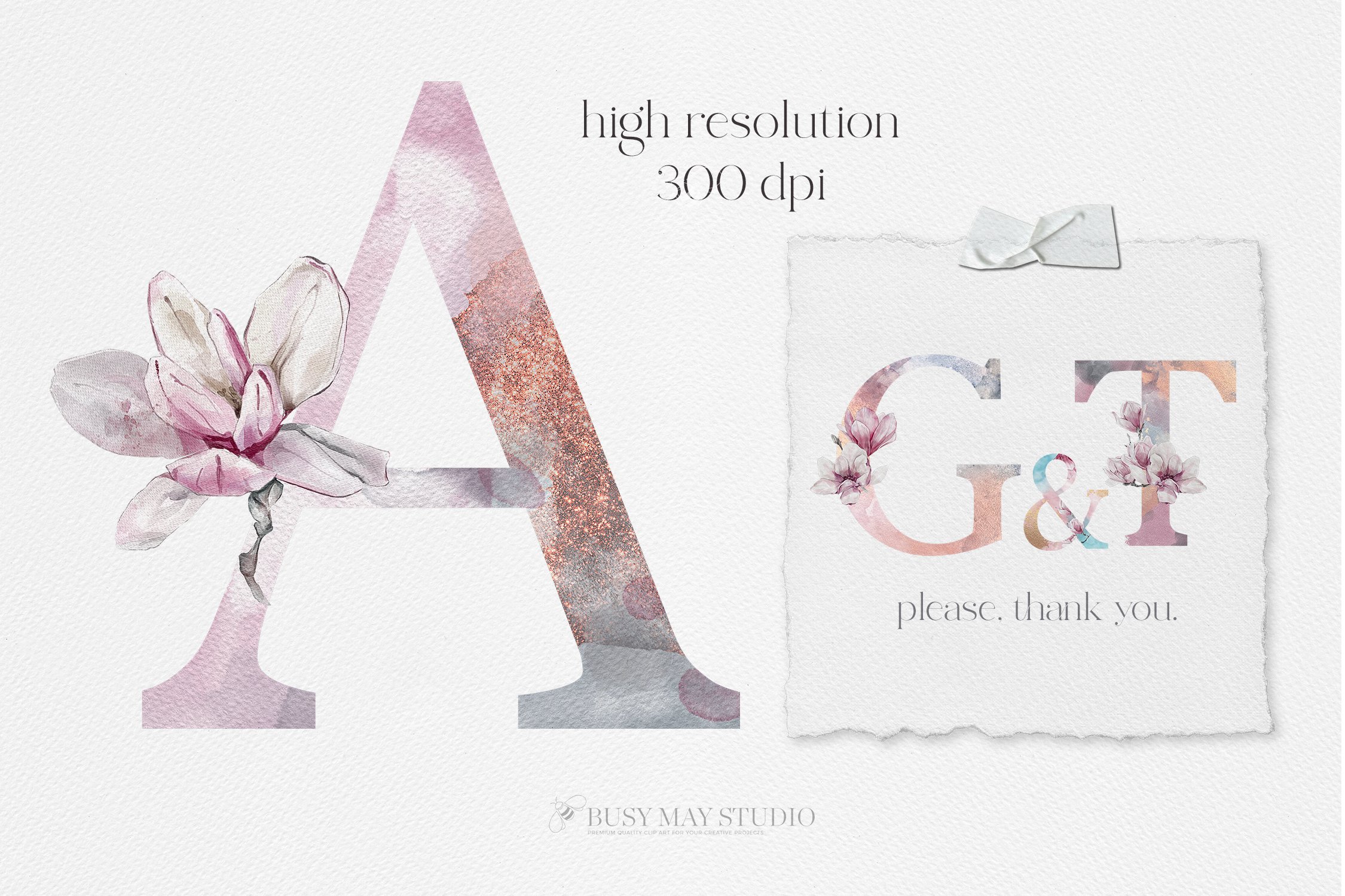 68款清新花卉字母手绘水彩画PNG图片设计素材 Watercolor Floral Alphabet Numbers PNG_img_2