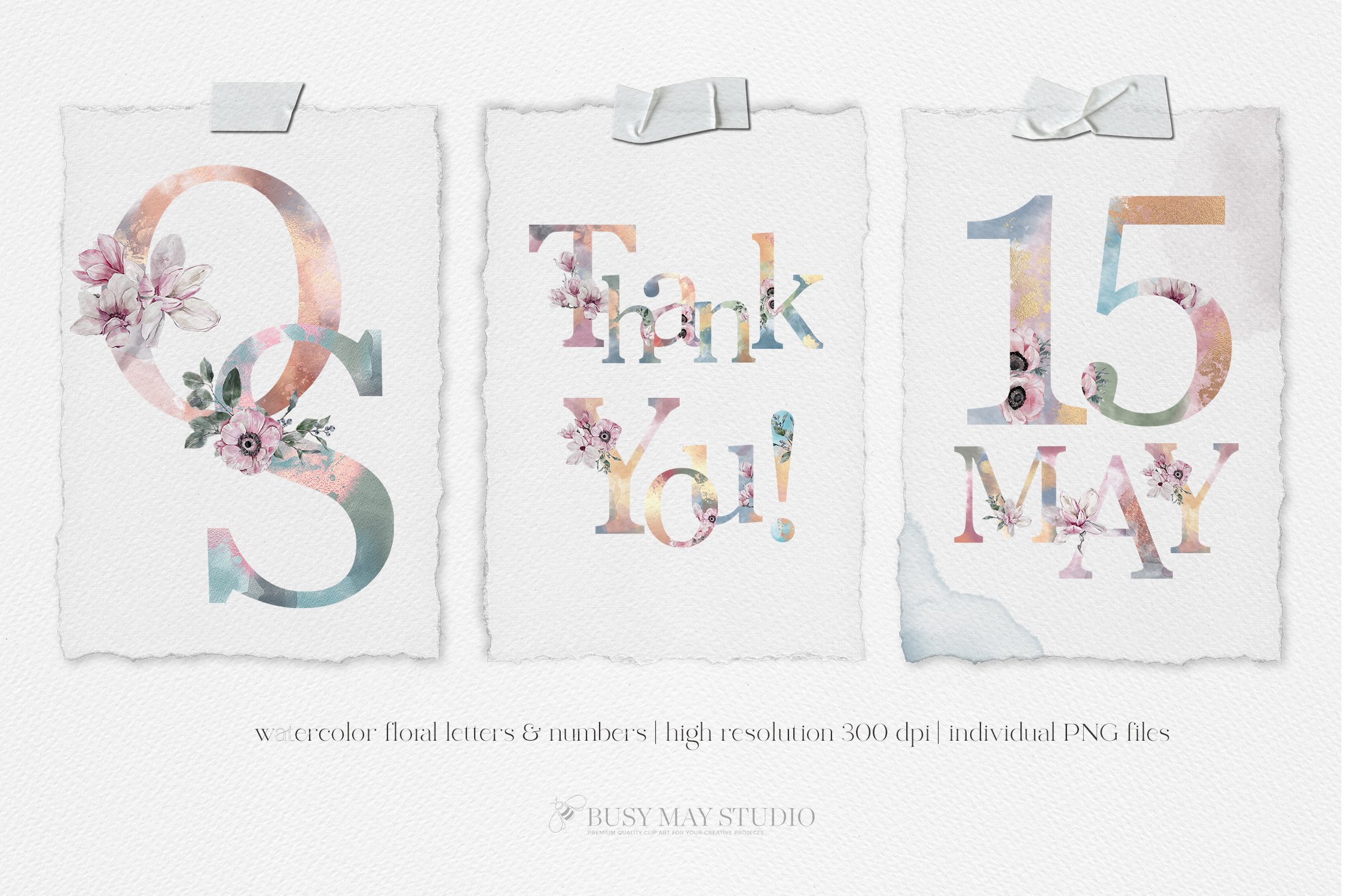 68款清新花卉字母手绘水彩画PNG图片设计素材 Watercolor Floral Alphabet Numbers PNG_img_2