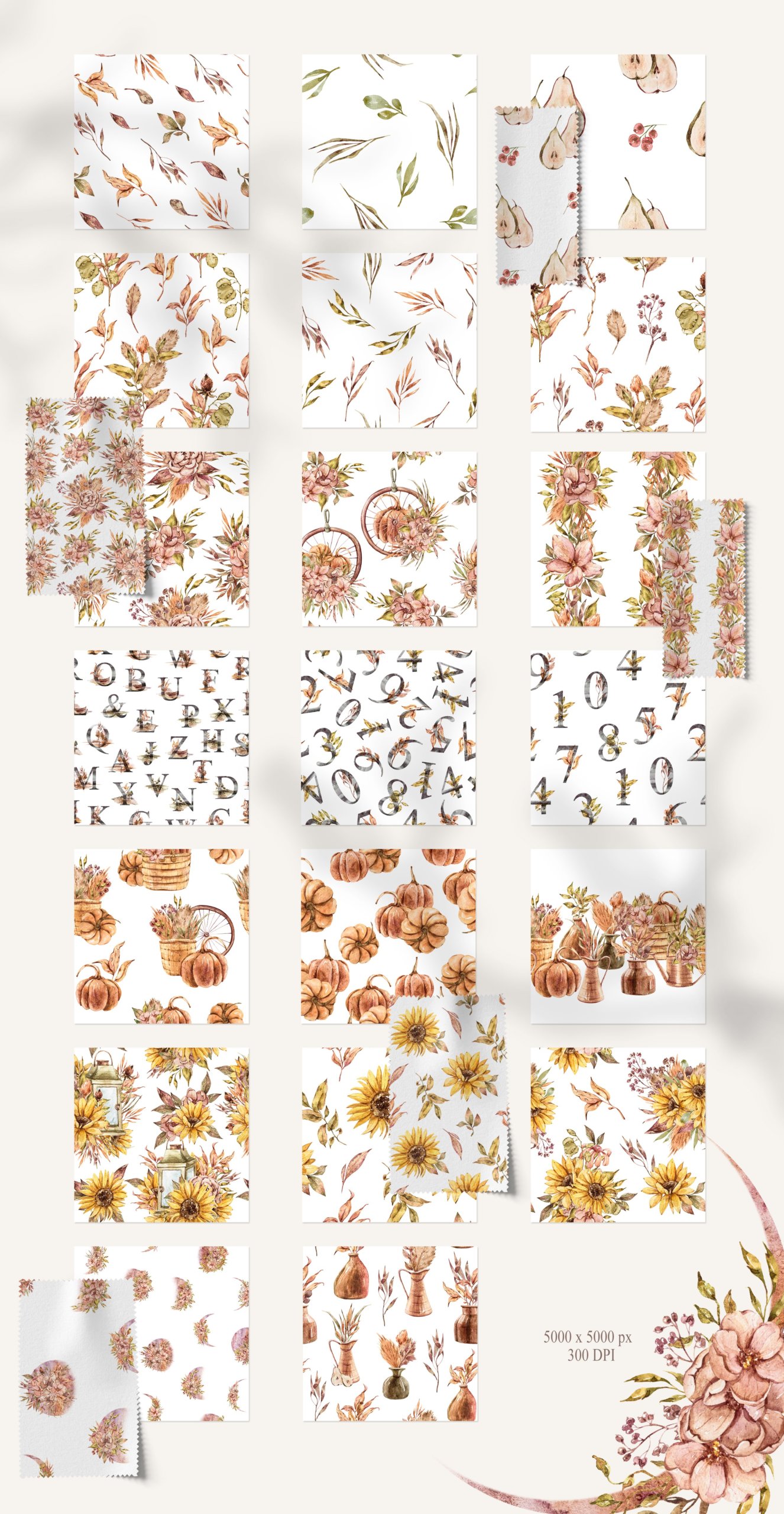 15款高清花卉字母手绘水彩插图图片设计素材 Watercolor Floral Seamless Patterns_img_2