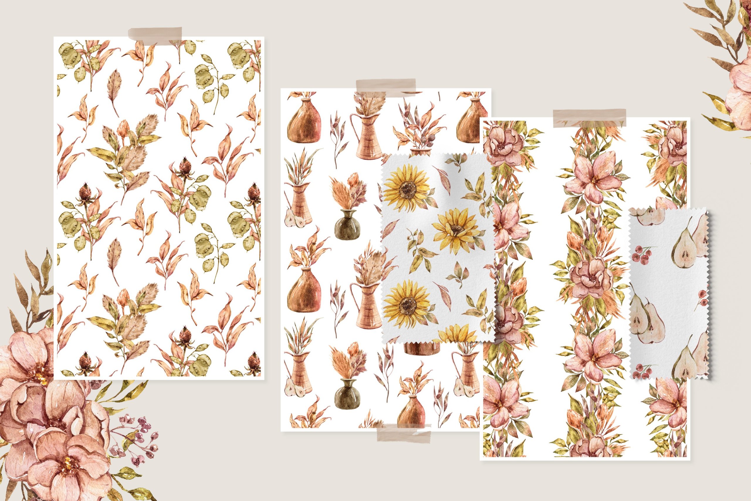 15款高清花卉字母手绘水彩插图图片设计素材 Watercolor Floral Seamless Patterns_img_2