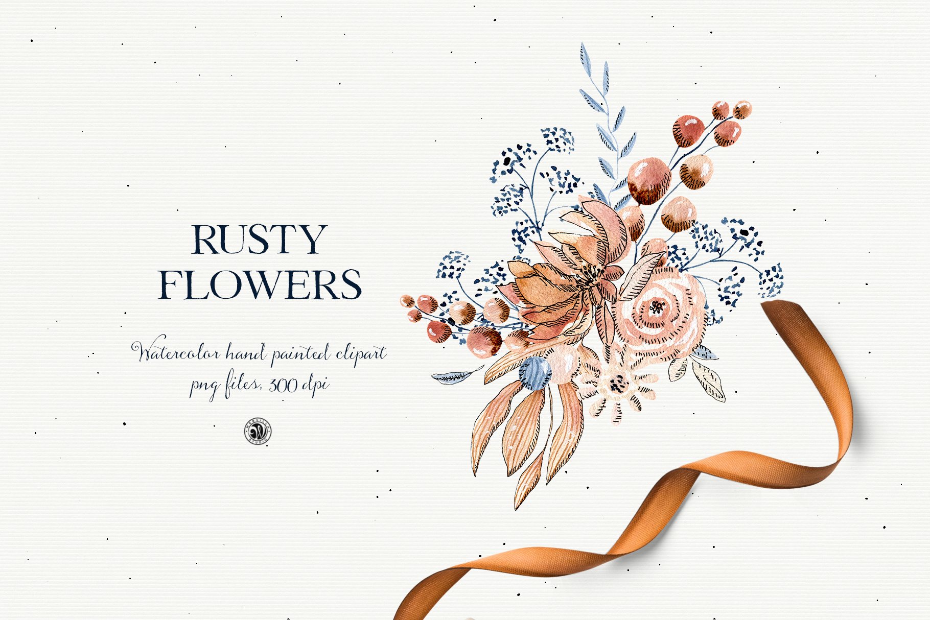 铁锈色花卉树叶手绘剪贴画PNG透明图片设计素材 Rusty Flowers - Watercolor Set_img_2