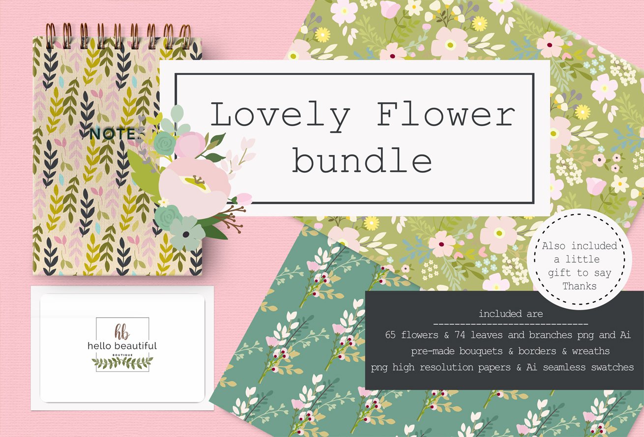 时尚可爱花卉树叶印刷品图案矢量设计素材 Lovely Flower Bundle Illustration_img_2