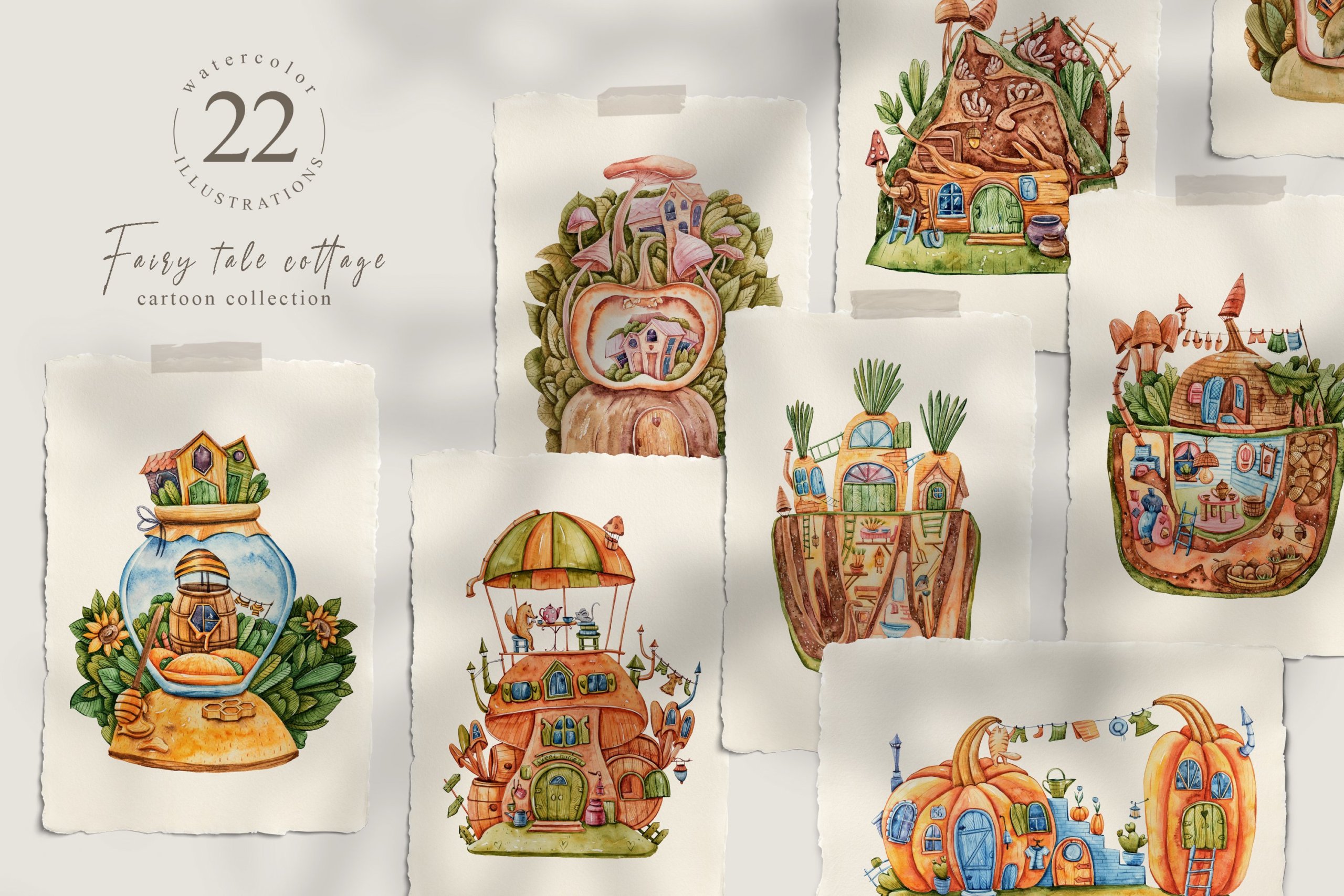 时尚森林动物主题手绘水彩剪贴画图片素材 Watercolor Fairy Houses Clipart BUNDLE_img_2