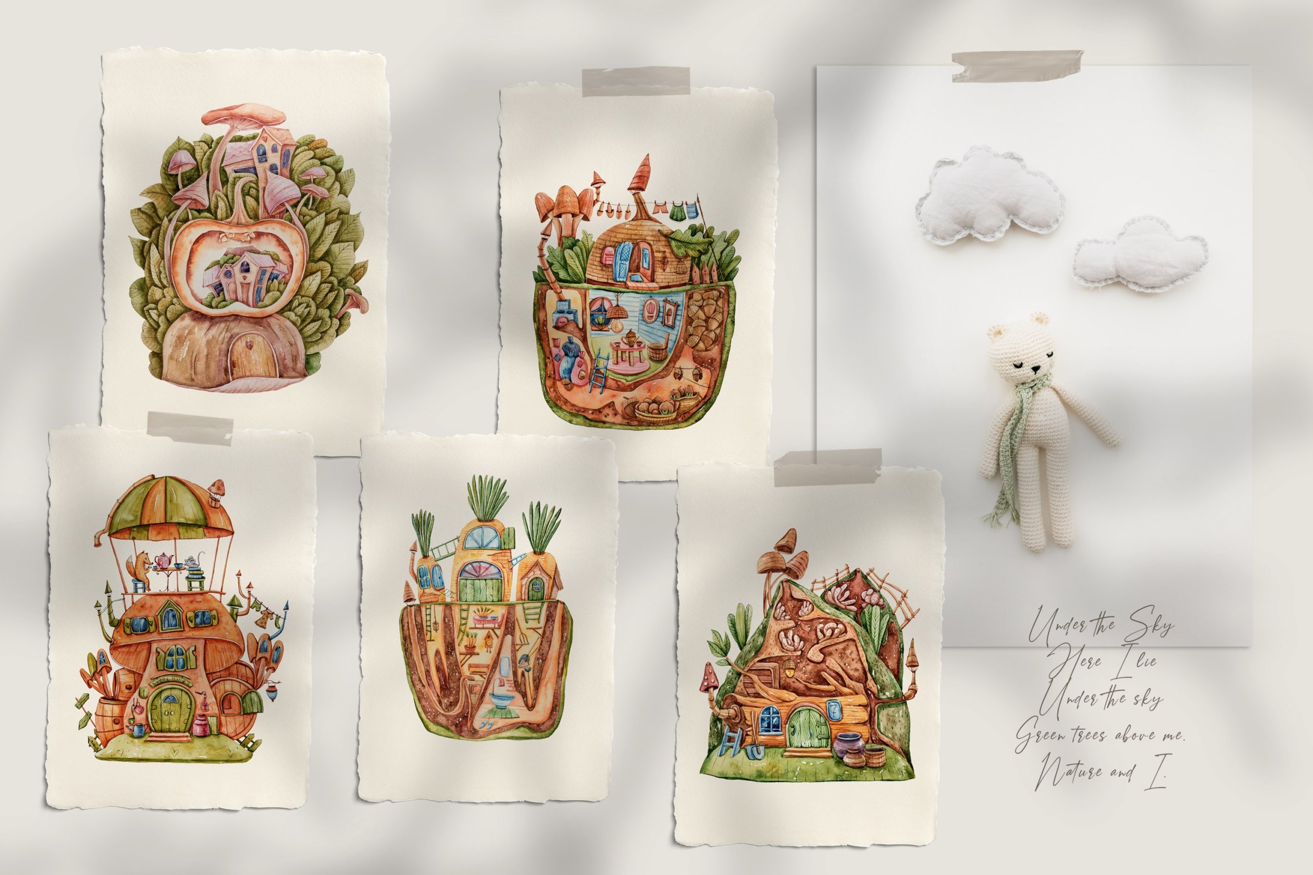 时尚森林动物主题手绘水彩剪贴画图片素材 Watercolor Fairy Houses Clipart BUNDLE_img_2