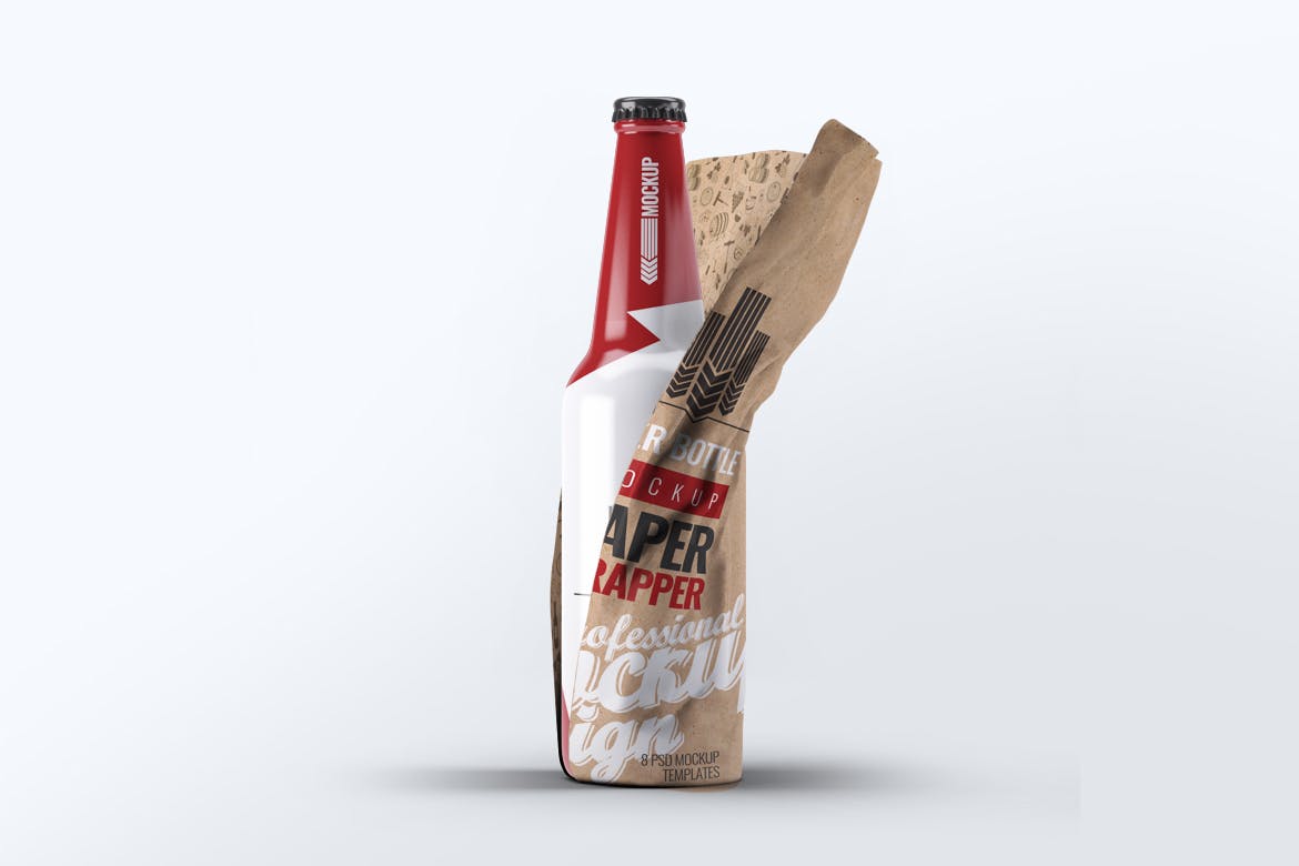 8款逼真啤酒瓶纸包装设计展示贴图样机 Beer Bottle Paper Wrapped Mock-Up_img_2