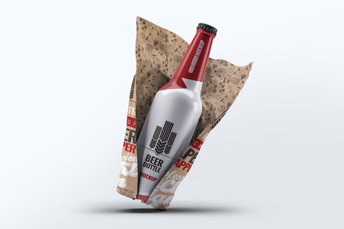 8款逼真啤酒瓶纸包装设计展示贴图样机 Beer Bottle Paper Wrapped Mock-Up_img_2