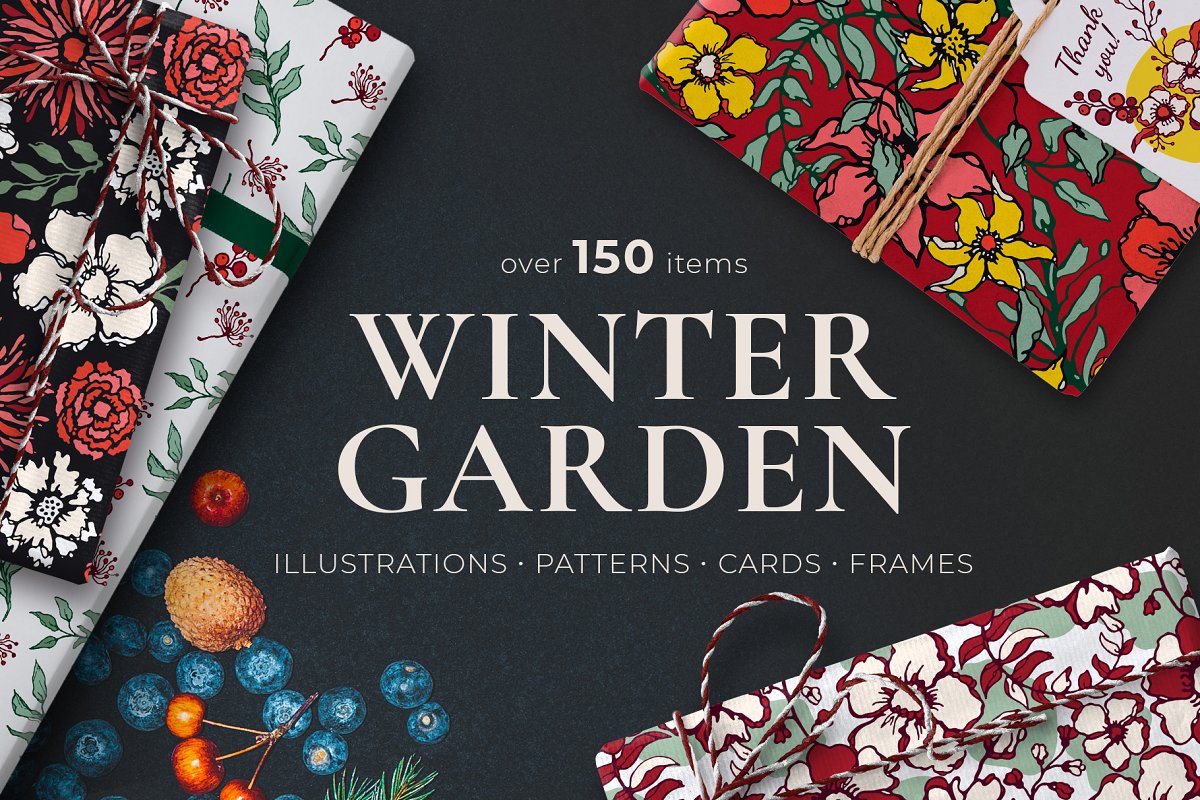 150多款时尚优雅花卉框架抽象形状手绘插画设计素材 Winter Floral Patterns & Elements_img_2