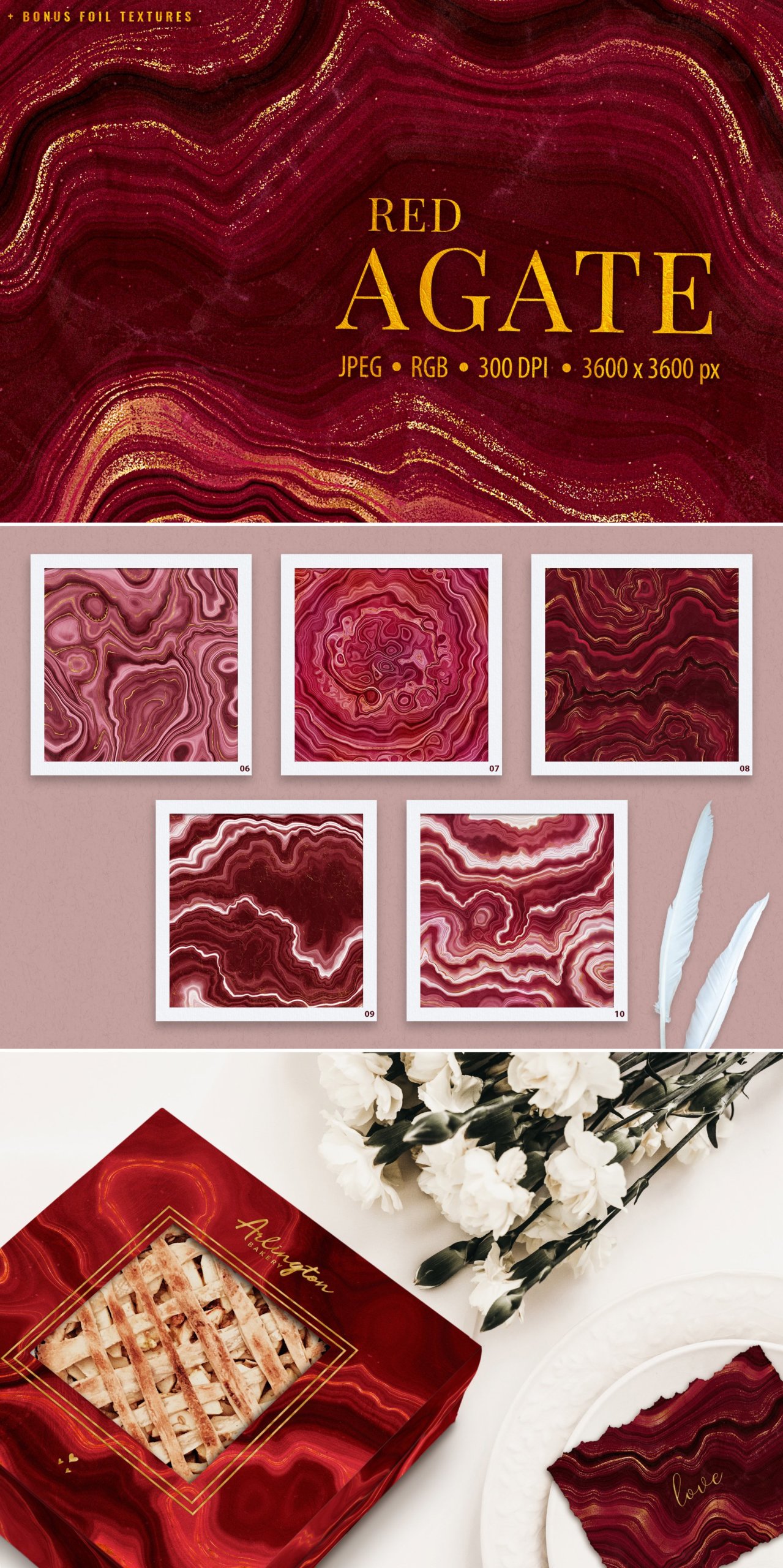 10款抽象奢华红色玛瑙石金箔纸纹理背景图片设计素材 Gold Veined Red Agate Textures_img_2