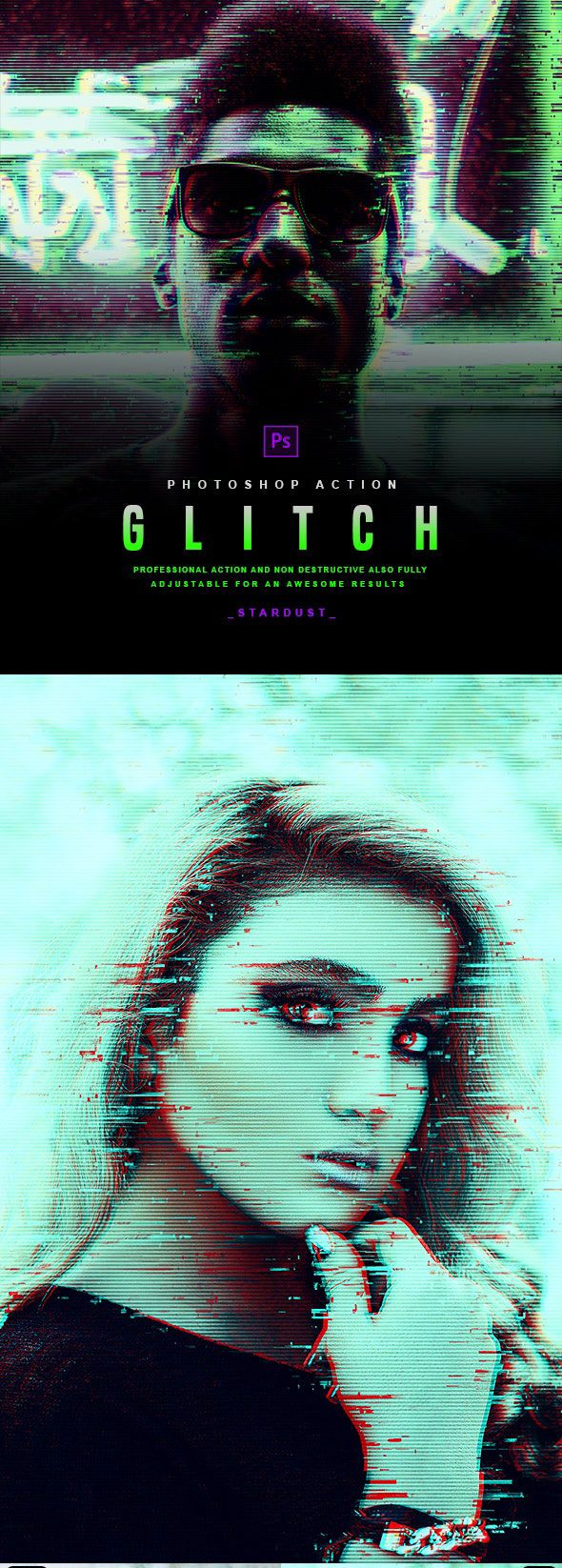 潮流故障风摄影人像照片处理特效PS动作模板素材 Glitch - Photoshop Action_img_2