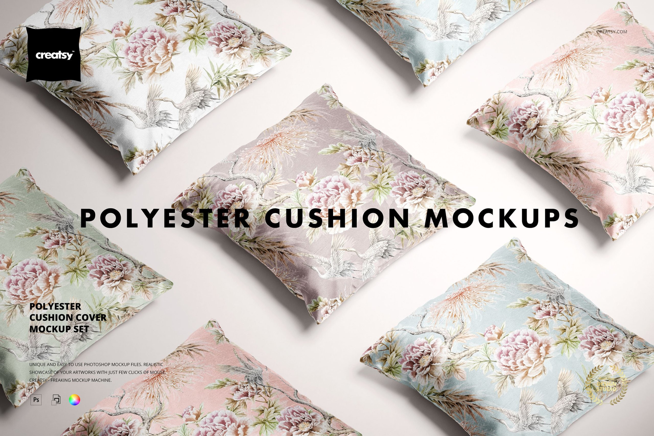 方形丝绸枕头抱枕印花图案设计PS贴图样机模板合集 Polyester Cushion Cover Mockup Set_img_2