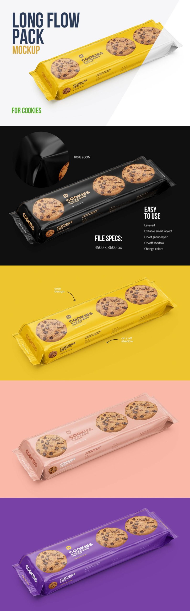 长方体零食饼干塑料包装袋设计展示贴图样机 Long Flow Pack Cookies Mockup_img_2