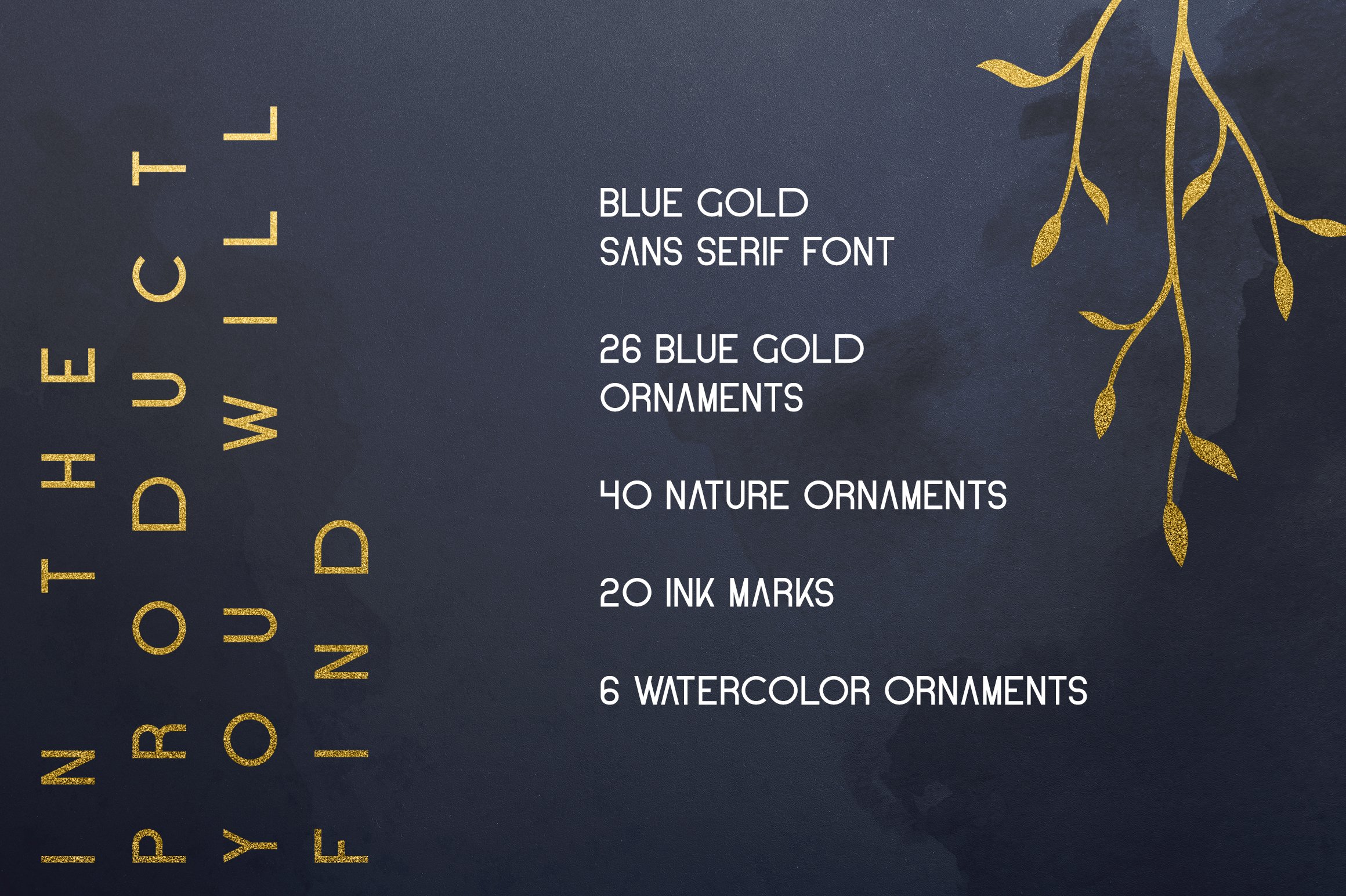 优雅轻奢无衬线英文字体水彩金箔花纹装饰设计素材 Blue Gold Sans Serif Font + Extras_img_2