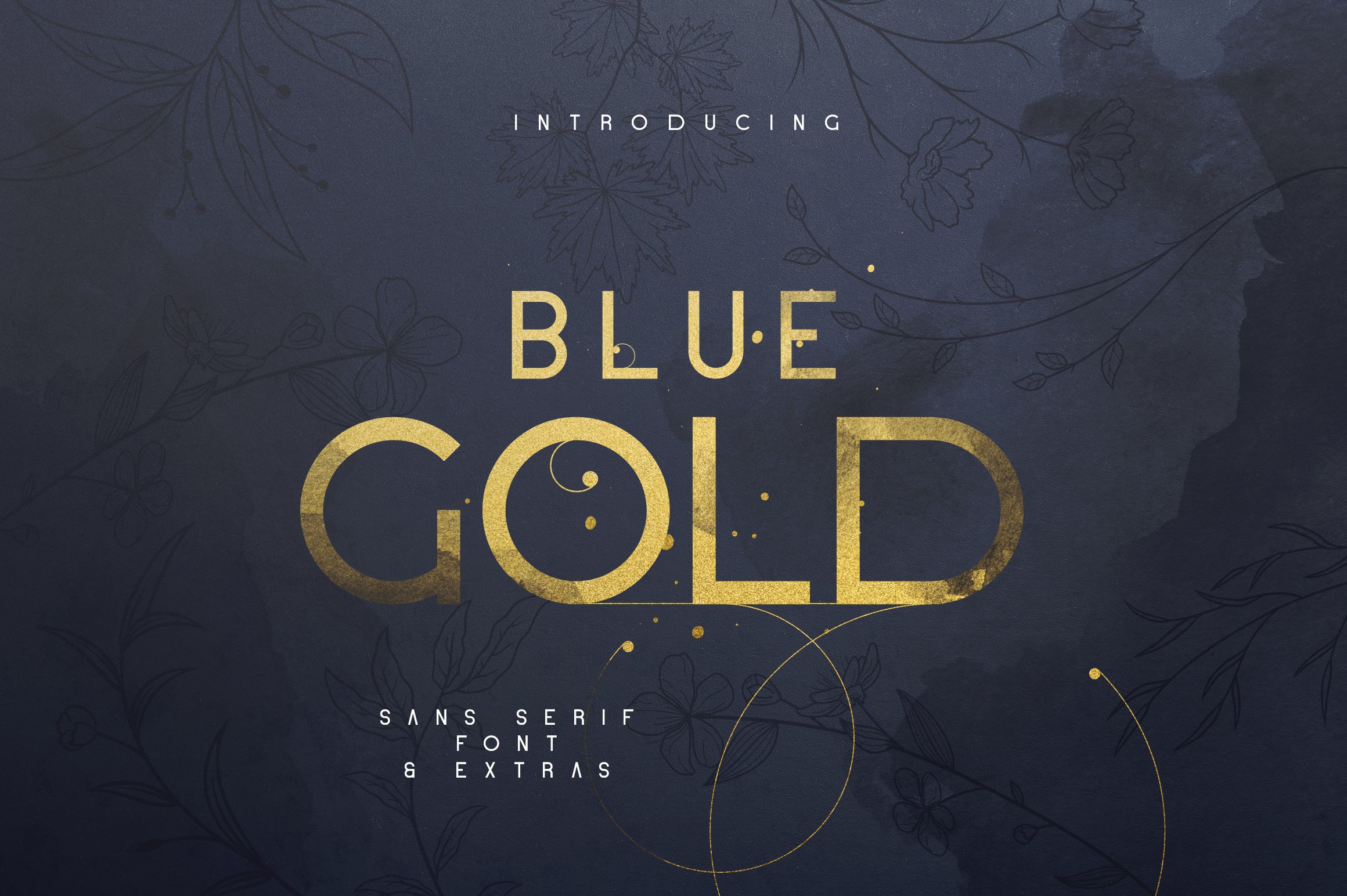 优雅轻奢无衬线英文字体水彩金箔花纹装饰设计素材 Blue Gold Sans Serif Font + Extras_img_2