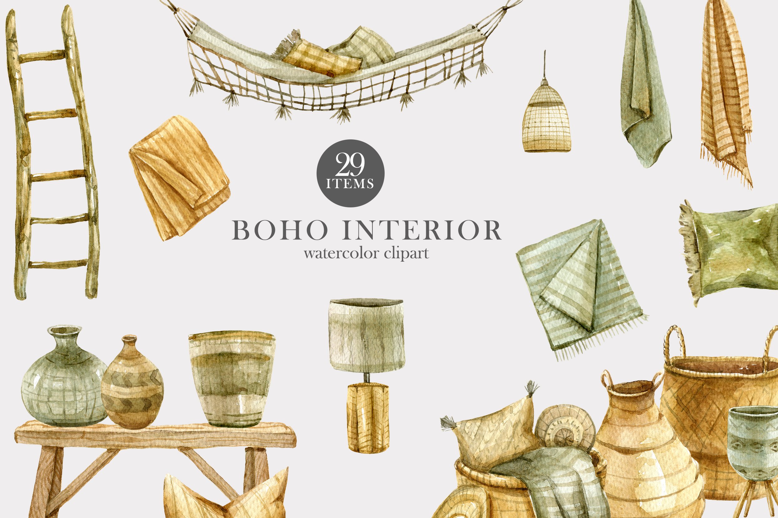 29款波西米亚风室内手绘剪贴画PNG透明图片设计素材 Watercolor Boho Interior Decor Clipart_img_2