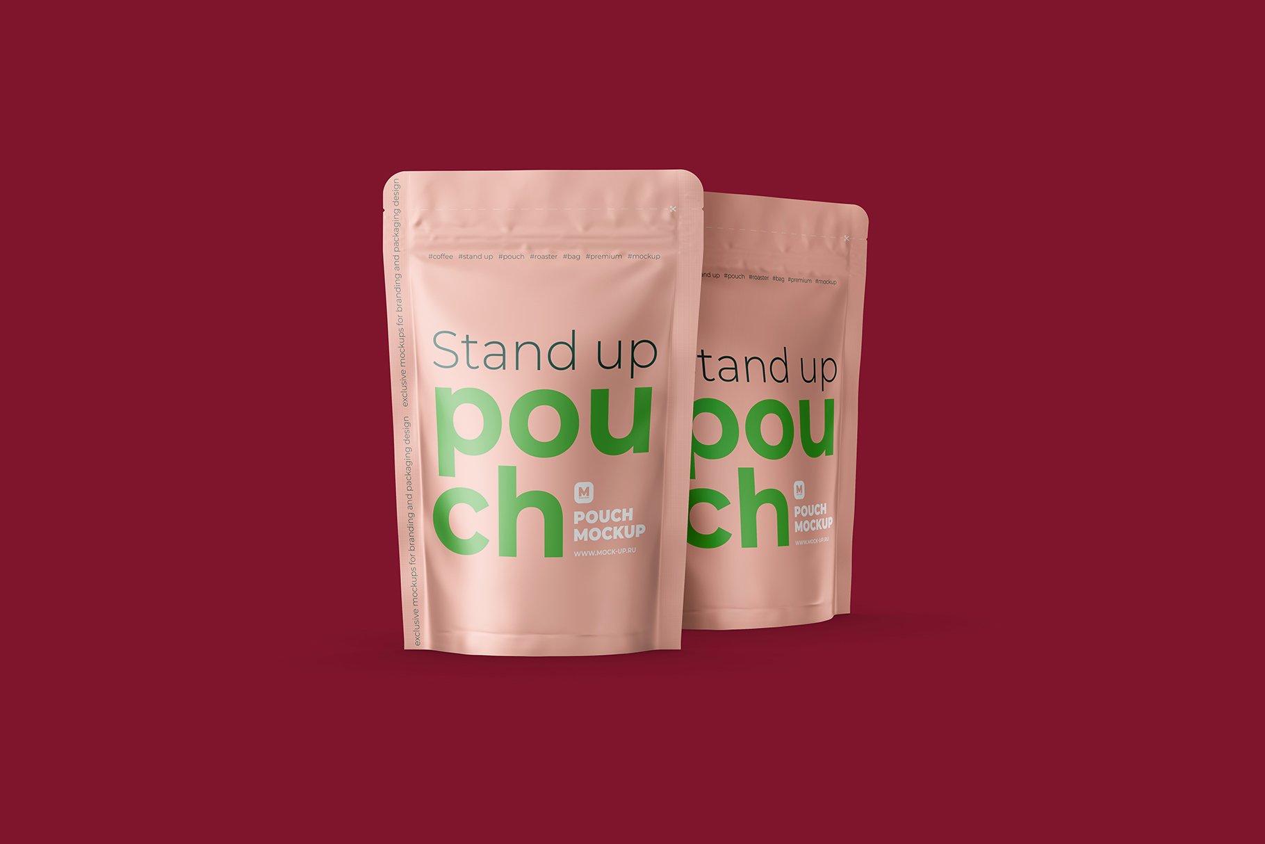 光泽立式食品自封袋设计PS贴图样机 Stand Up Pouch Front and Half Side_img_2