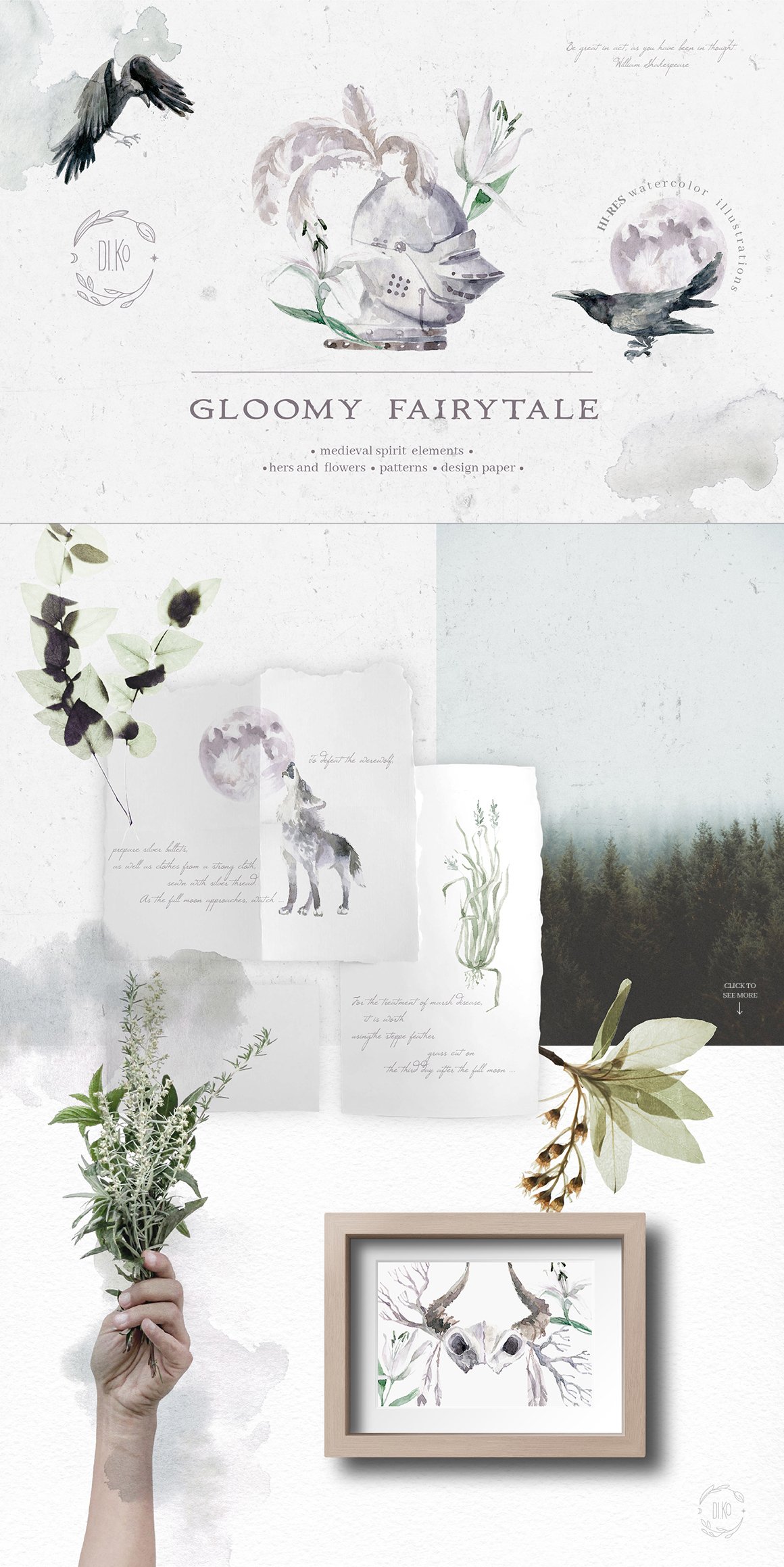 神秘中世纪森林树叶花卉雾气手绘水彩画PS设计素材套装 Gloomy Fairytale Graphic Collection_img_2