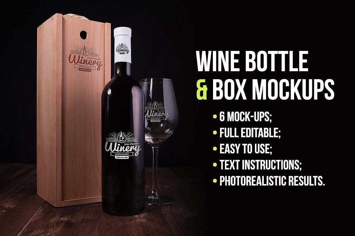 6款高品质葡萄酒木质盒子设计展示贴图样机 Wine Bottle And Box Mockups_img_2