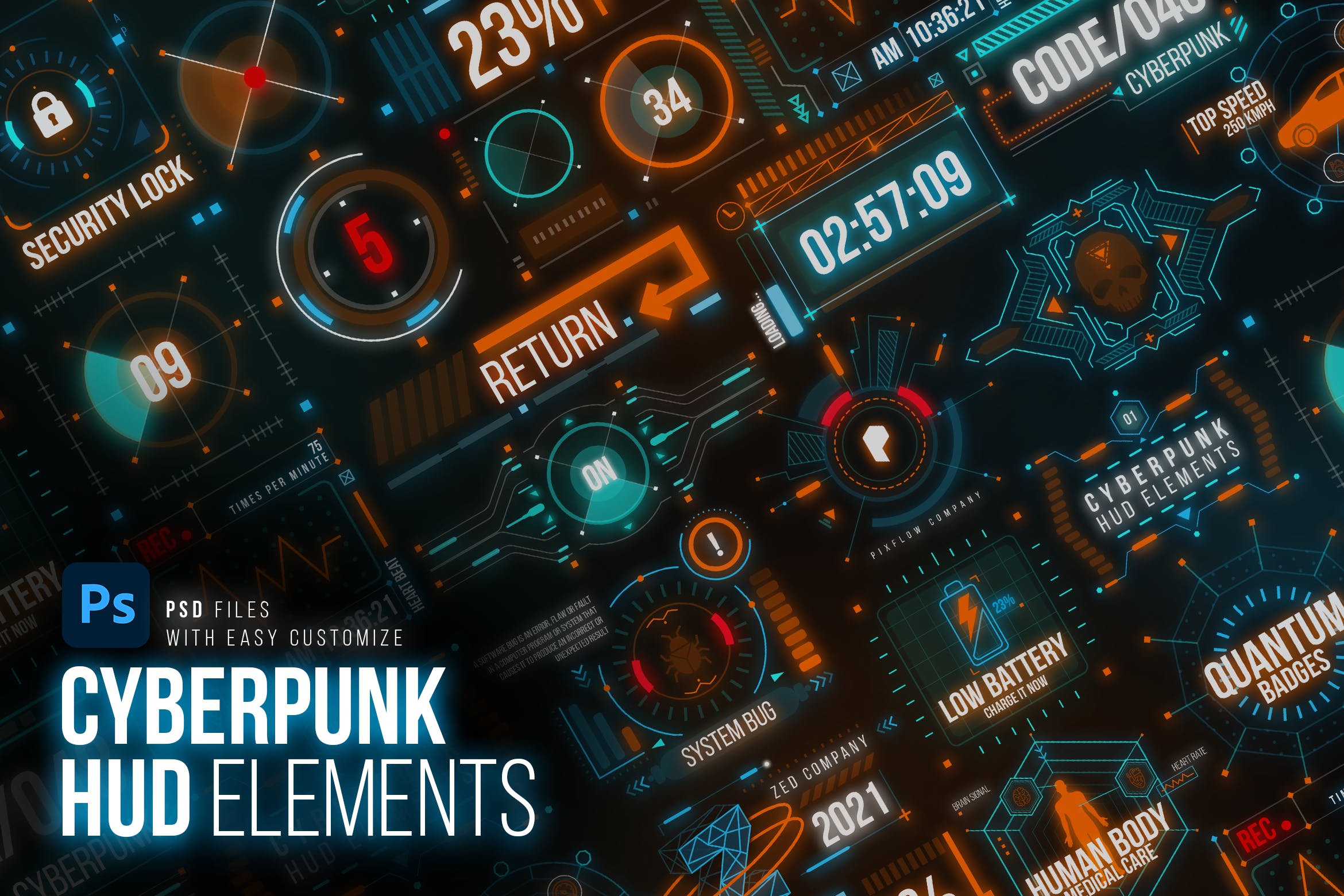 炫酷科幻未来赛博朋克HUD仪表盘UI设计元素Ps素材 Cyberpunk HUD Elements_img_2