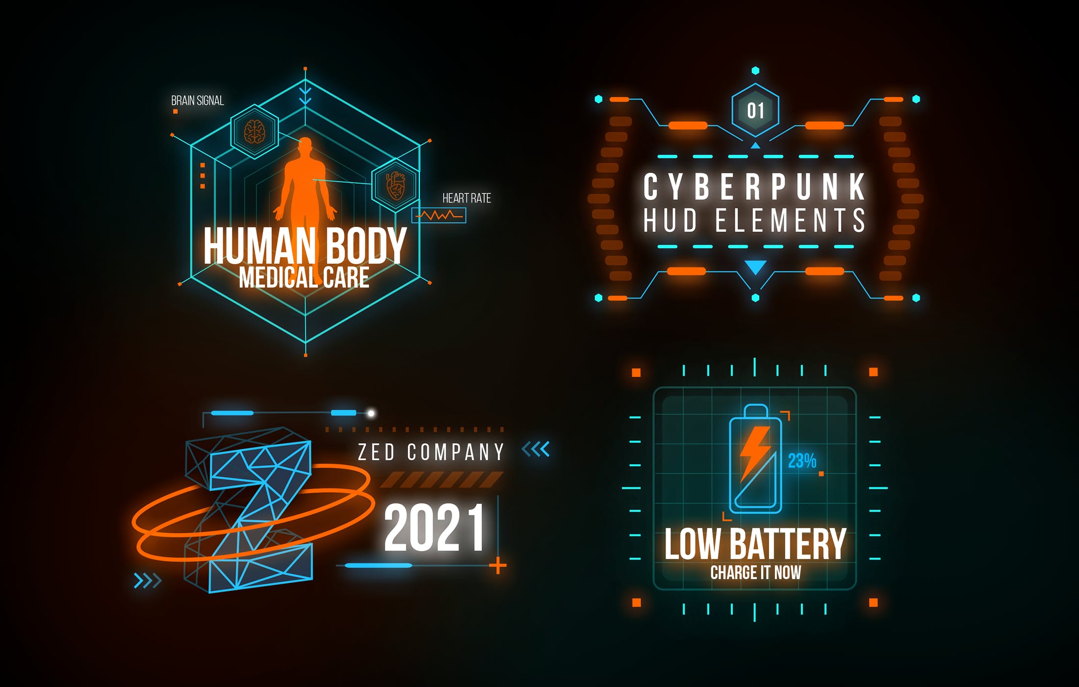 炫酷科幻未来赛博朋克HUD仪表盘UI设计元素Ps素材 Cyberpunk HUD Elements_img_2