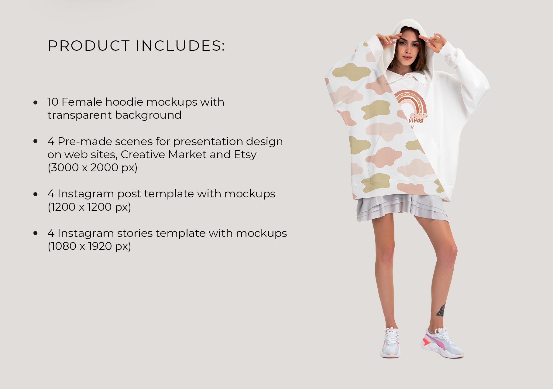 超大女式连衣帽卫衣印花图案设计展示贴图样机模板 Oversize Hoodie Mockup Templates_img_2