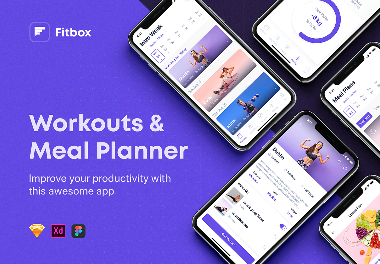 健身锻炼减肥膳食计划APP界面设计UI套件 Fitbox - Workouts & Meal Planner UI Kit_img_2