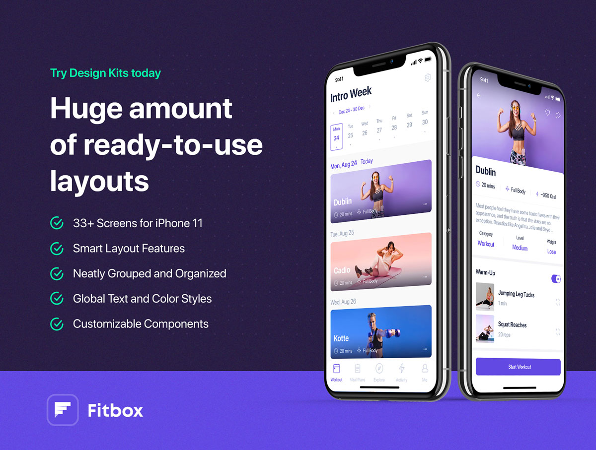 健身锻炼减肥膳食计划APP界面设计UI套件 Fitbox - Workouts & Meal Planner UI Kit_img_2